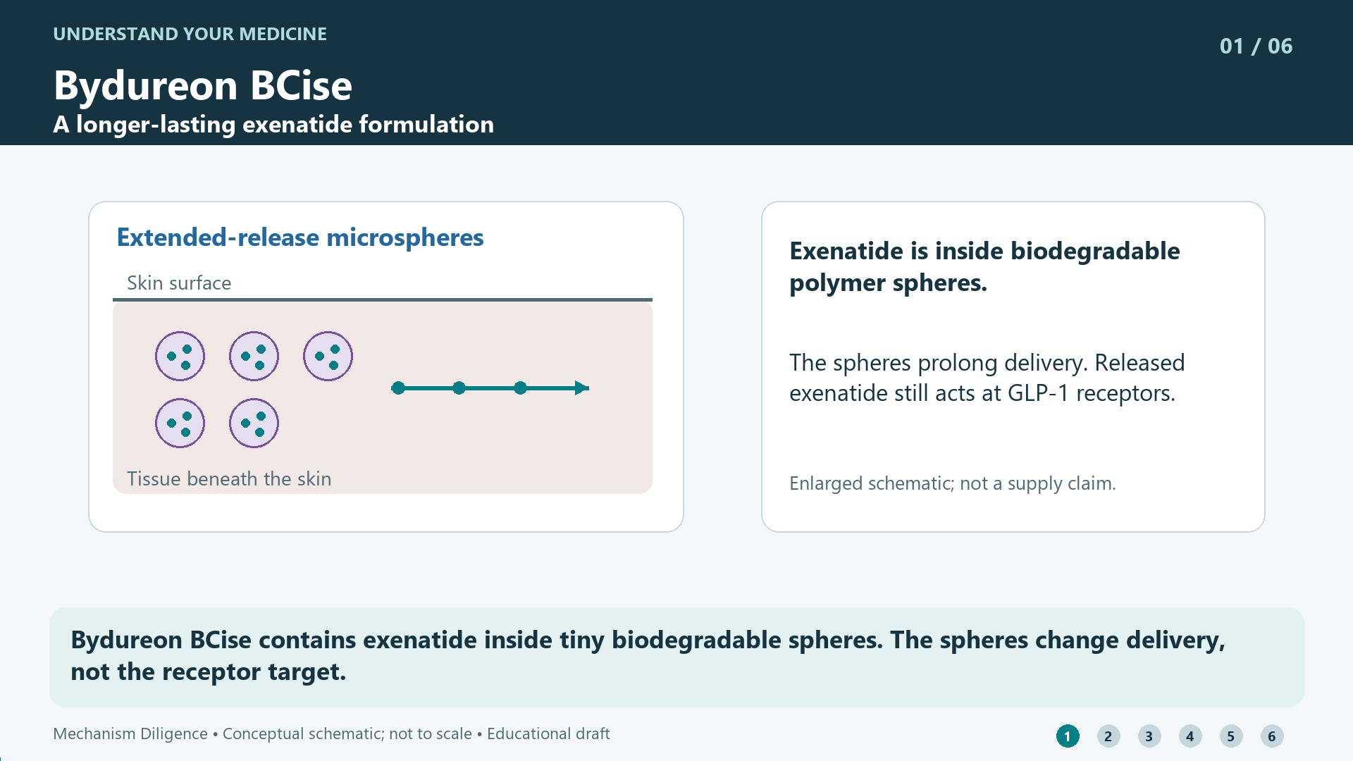 Bydureon BCise mechanism: Bydureon BCise contains exenatide inside tiny biodegradable spheres. The spheres change delivery, not the receptor target.