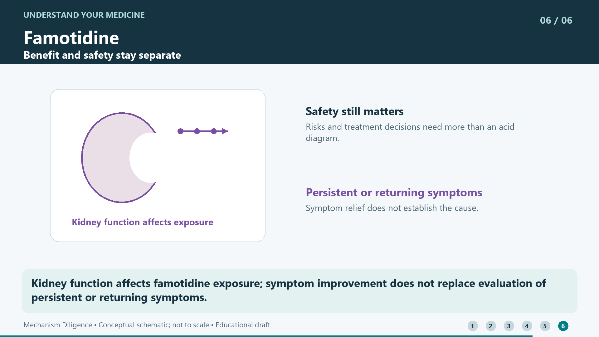 Kidney function affects famotidine exposure; symptom improvement does not replace evaluation of persistent or returning symptoms.