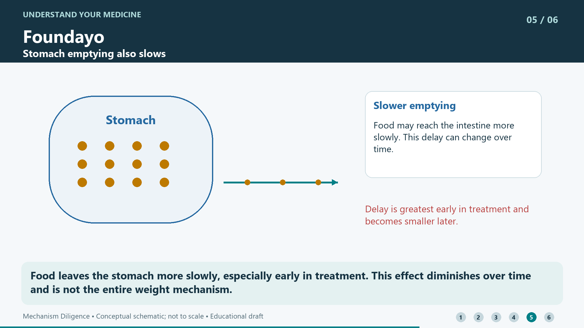 Food leaves the stomach more slowly, especially early in treatment. This effect diminishes over time and is not the entire weight mechanism.