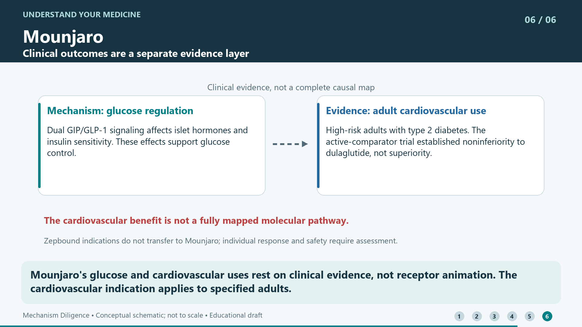 Mounjaro's glucose and cardiovascular uses rest on clinical evidence, not receptor animation. The cardiovascular indication applies to specified adults.